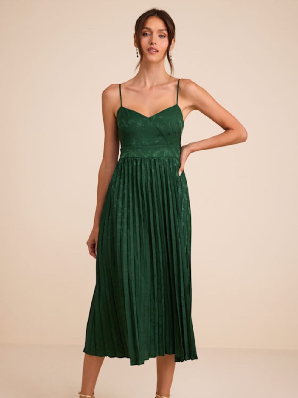 Lulus Regal Romance Emerald Floral Jacquard Pleated Satin Midi Dress Green